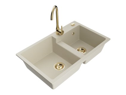Mexen Tomas 2-komorový granitový drez s kuchynskou batériou Telma, béžová - 6516-69-670200-50