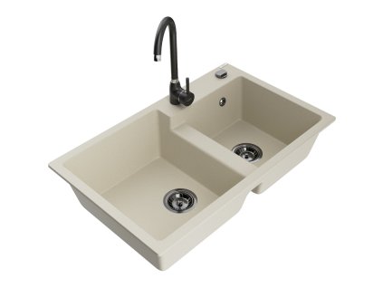 Mexen Tomas 2-komorový granitový drez s kuchynskou batériou Telma, béžová - 6516-69-670200-70