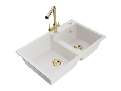 Mexen Tomas 2-komorový granitový drez s kuchynskou batériou Duero, biely - 6516-20-671600-50