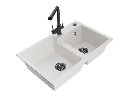 Mexen Tomas 2-komorový granitový drez s kuchynskou batériou Duero, biely - 6516-20-671600-70
