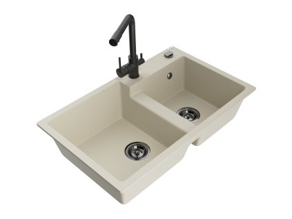 Mexen Tomas 2-komorový granitový drez s kuchynskou batériou Duero, béžová - 6516-69-671600-70