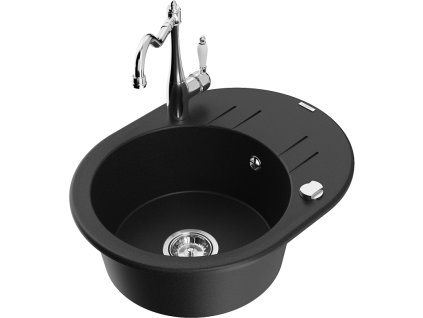 Granitový drez Mexen Kevin s 1 misou, odkapávačom a kuchynskou batériou Carla, čierny - 6517-77-670700-00