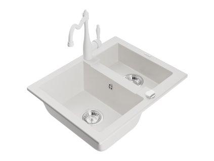 Granitový drez Mexen Carlos s 1,5 miskou a kuchynskou batériou Carla, biely - 6518-20-670700-20