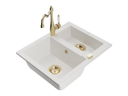 Granitový drez Mexen Carlos s 1,5 miskou a kuchynskou batériou Carla, biely - 6518-20-670700-50