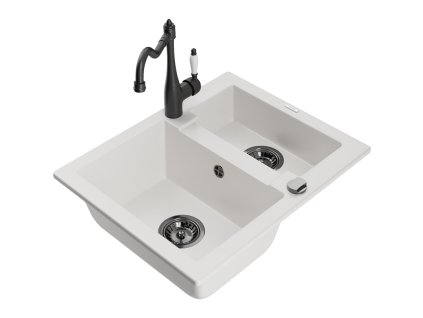 Granitový drez Mexen Carlos s 1,5 miskou a kuchynskou batériou Carla, biely - 6518-20-670700-70