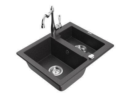 Granitový drez Mexen Carlos s 1,5 misky a kuchynskou batériou Carla, čierna škvrnitá - 6518-76-670700-00