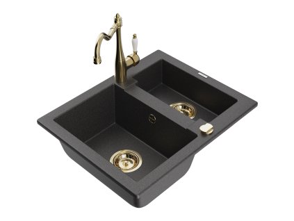 Granitový drez Mexen Carlos s 1,5 misky a kuchynskou batériou Carla, čierna škvrnitá - 6518-76-670700-50