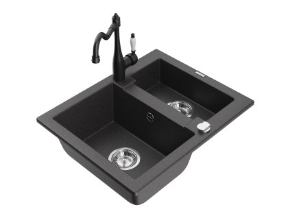 Granitový drez Mexen Carlos s 1,5 misky a kuchynskou batériou Carla, čierna škvrnitá - 6518-76-670700-70