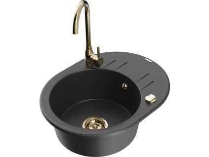 Granitový drez Mexen Kevin s 1 misou, odkapávačom a kuchynskou batériou Telma, čierna škvrnitá - 6517-76-670200-50