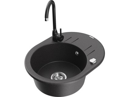 Granitový drez Mexen Kevin s 1 misou, odkapávačom a kuchynskou batériou Telma, čierna škvrnitá - 6517-76-670200-70