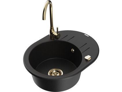 Granitový drez Mexen Kevin s 1 misou, odkapávačom a kuchynskou batériou Telma, čierny - 6517-77-670200-50