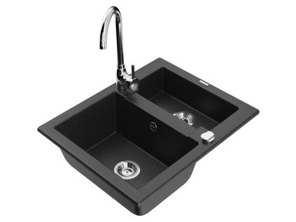 Granitový drez Mexen Carlos s 1,5 miskou a kuchynskou batériou Telma, čierna/strieborná metalíza - 6518-73-670200-00