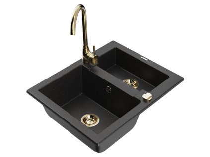 Granitový drez Mexen Carlos s 1,5 miskou a kuchynskou batériou Telma, čierna/strieborná metalíza - 6518-73-670200-50