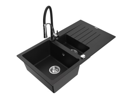 Granitový drez Mexen Matias s 1,5 misky, odkapávačom a kuchynskou batériou Aster, čierny - 6502-77-73450-07