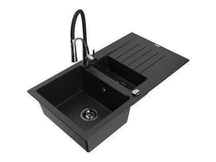 Granitový drez Mexen Matias s 1,5 misky, odkapávačom a kuchynskou batériou Aster, čierny - 6502-77-73450-07-B