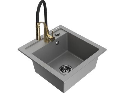 Granitový drez Mexen Vito s 1 misou a kuchynskou batériou Aster, sivý - 6503-71-73450-57-B