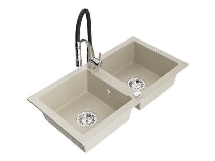 Granitový drez Mexen Mario s 2 miskami a kuchynskou batériou Aster, béžový - 6504-69-73450-07