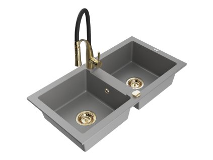 Granitový drez Mexen Mario s 2 misami a kuchynskou batériou Aster, sivý - 6504-71-73450-57-G