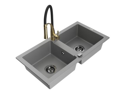 Granitový drez Mexen Mario s 2 misami a kuchynskou batériou Aster, sivý - 6504-71-73450-57-B