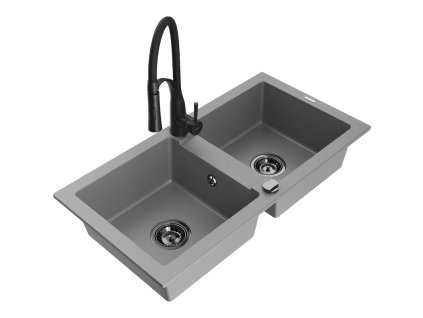 Granitový drez Mexen Mario s 2 misami a kuchynskou batériou Aster, sivý - 6504-71-73450-70-B