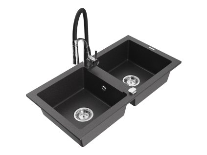 Granitový drez Mexen Mario s 2 misami a kuchynskou batériou Aster, čierna škvrnitá - 6504-76-73450-07