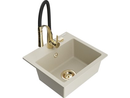 Granitový drez Mexen Milo s 1 misou a kuchynskou batériou Aster, béžový - 6505-69-73450-57-G