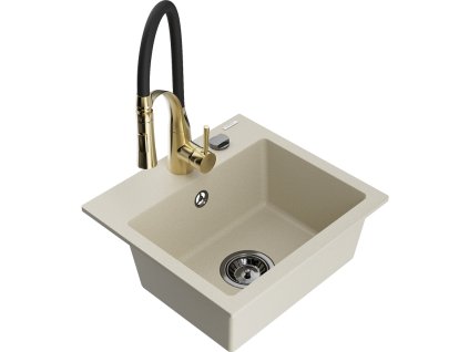 Granitový drez Mexen Milo s 1 misou a kuchynskou batériou Aster, béžový - 6505-69-73450-57-B