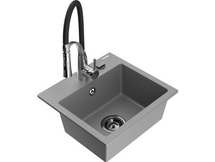 Granitový drez Mexen Milo s 1 misou a kuchynskou batériou Aster, sivý - 6505-71-73450-07-B