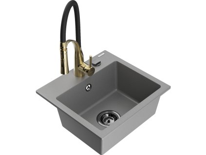 Granitový drez Mexen Milo s 1 misou a kuchynskou batériou Aster, sivý - 6505-71-73450-57-B
