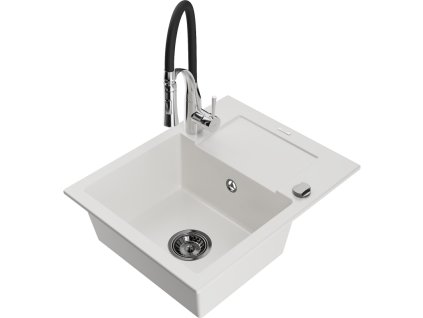 Granitový drez Mexen Enzo s 1 misou, odkapávačom a batériou Aster, biely - 6506-20-73450-07-B