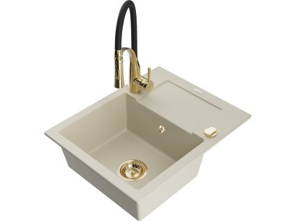 Granitový drez Mexen Enzo s 1 misou, odkapávačom a kuchynskou batériou Aster, béžový - 6506-69-73450-57-G