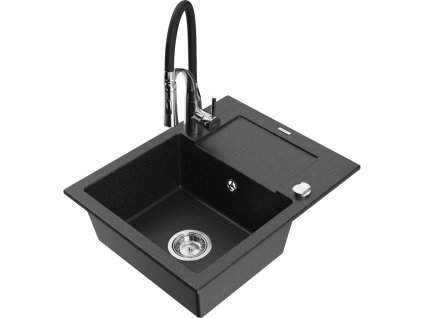 Granitový drez Mexen Enzo s 1 misou, odkapávačom a batériou Aster, čierna/strieborná metalíza - 6506-73-73450-07