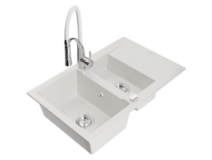 Granitový drez Mexen Gaspar s 1,5 misy, odkapávačom a kuchynskou batériou Aster, biely - 6507-20-73450-02