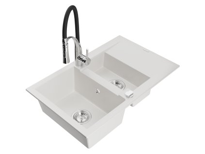 Granitový drez Mexen Gaspar s 1,5 misy, odkapávačom a kuchynskou batériou Aster, biely - 6507-20-73450-07