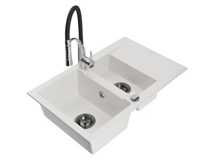 Granitový drez Mexen Gaspar s 1,5 misy, odkapávačom a kuchynskou batériou Aster, biely - 6507-20-73450-07-B