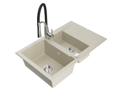 Granitový drez Mexen Gaspar s 1,5 miskou, odkapávačom a kuchynskou batériou Aster, béžový - 6507-69-73450-07