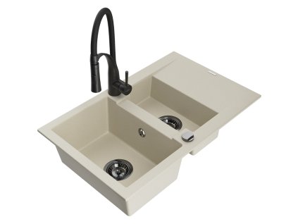 Granitový drez Mexen Gaspar s 1,5 miskou, odkapávačom a kuchynskou batériou Aster, béžový - 6507-69-73450-70-B