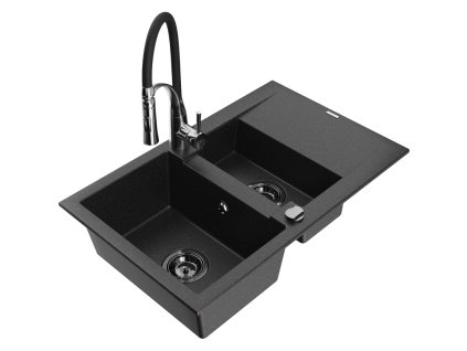 Granitový drez Mexen Gaspar s 1,5 miskou, odkapávačom a kuchynskou batériou Aster, čierny/strieborný - 6507-73-73450-07-B