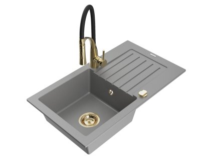 Granitový drez Mexen Pablo s 1 misou, odkapávačom a kuchynskou batériou Aster, sivý - 6510-71-73450-57-G