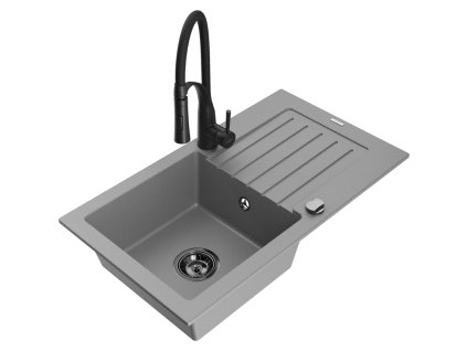 Granitový drez Mexen Pablo s 1 misou, odkapávačom a kuchynskou batériou Aster, sivý - 6510-71-73450-70-B