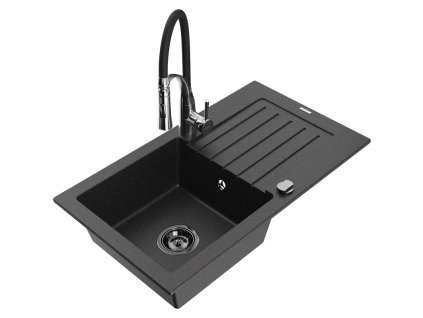 Granitový drez Mexen Pablo s 1 misou, odkapávačom a batériou Aster, čierna/strieborná metalíza - 6510-73-73450-07-B