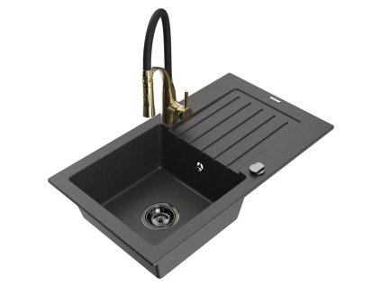 Granitový drez Mexen Pablo s 1 misou, odkapávačom a batériou Aster, čierna škvrnitá - 6510-76-73450-57-B