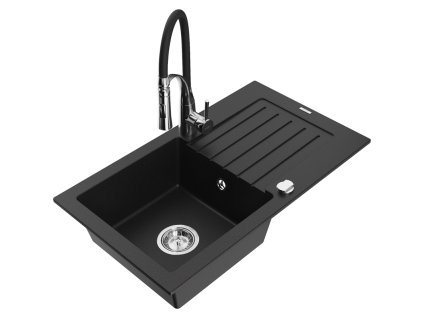 Granitový drez Mexen Pablo s 1 misou, odkapávačom a kuchynskou batériou Aster, čierny - 6510-77-73450-07