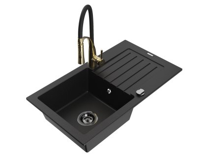 Granitový drez Mexen Pablo s 1 misou, odkapávačom a kuchynskou batériou Aster, čierny - 6510-77-73450-57-B