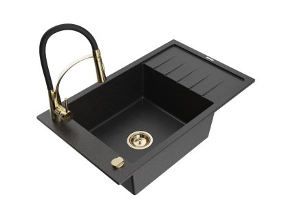 Granitový drez Mexen Elias s 1 misou, odkapávačom a batériou Aster, čierna/strieborná metalíza - 6511-73-73450-57-G
