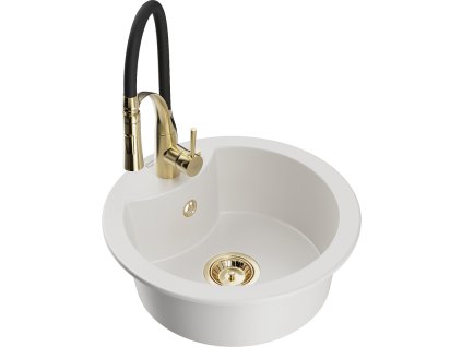 Granitový drez Mexen Diego s 1 misou a kuchynskou batériou Aster, biely - 6512-20-73450-57-G