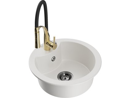 Granitový drez Mexen Diego s 1 misou a kuchynskou batériou Aster, biely - 6512-20-73450-57-B