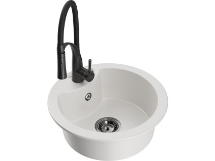 Granitový drez Mexen Diego s 1 misou a kuchynskou batériou Aster, biely - 6512-20-73450-70-B