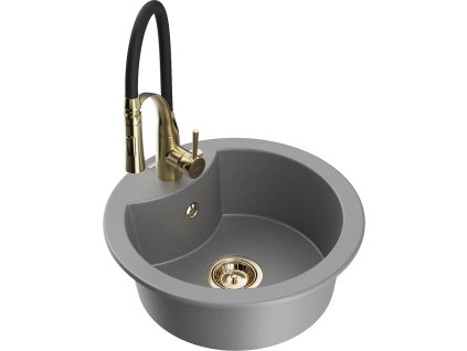 Granitový drez Mexen Diego s 1 misou a kuchynskou batériou Aster, sivý - 6512-71-73450-57-G