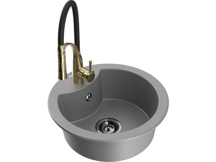 Granitový drez Mexen Diego s 1 misou a kuchynskou batériou Aster, sivý - 6512-71-73450-57-B